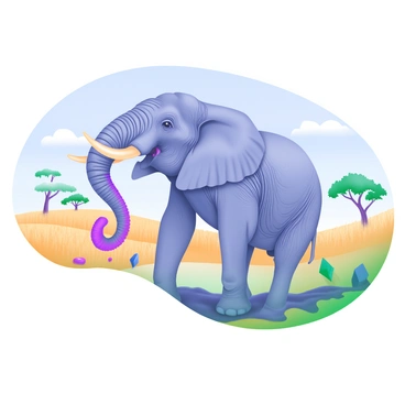 A large elephant standing on the savannah, using its long trunk to splash mud onto its body. The elephant is depicted with wrinkled skin and large ears, showcasing its size and strength. The savannah features tall golden grass and scattered acacia trees in the background under a clear blue sky. Patches of mud can be seen on the ground as the elephant playfully covers itself in it, with droplets of mud flying around, creating a dynamic sense of movement.