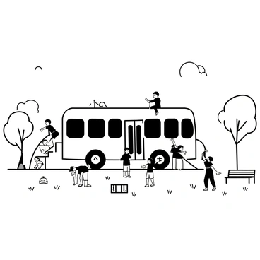 A large bus is parked in a grassy park, its exterior designed to look playful and inviting. The bus has various colorful features such as slides and climbing structures attached to its sides. Children can be seen playing around the bus, some sliding down a bright slide while others are climbing up a set of steps. Nearby, there are benches for parents watching their children play. Trees are scattered throughout the park, providing shade, and there are scattered toys and playground equipment in the background.