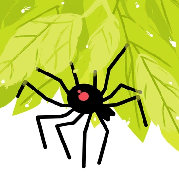 A black widow spider with a shiny black body and a distinct red hourglass marking on its abdomen is cautiously emerging from beneath dense green foliage in a garden. The leaves are rich in texture, with varying shades of green, and sunlight filters through the branches, casting dappled shadows on the ground. Small droplets of dew cling to the leaves, adding a glistening effect to the scene. The spider's long legs extend as it carefully navigates the space, blending into its environment while maintaining an alert posture.