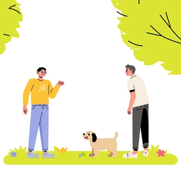 A hesitant person standing in a park, looking slightly unsure as they observe a small, fluffy puppy. The puppy is playfully wagging its tail, exuding friendliness and enthusiasm. Bright green grass surrounds them, with a few colorful flowers scattered on the ground. Trees with vibrant green leaves provide shade in the background. The person's expression shows curiosity mixed with hesitation, while the puppy looks eager and inviting, ready to engage in play.