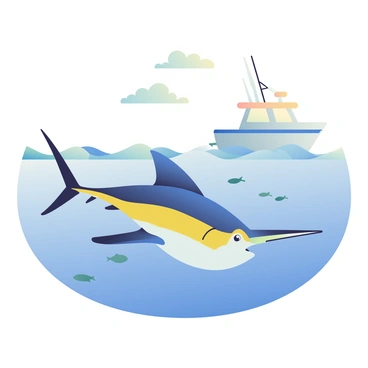 A fishing boat with a blue hull is visible in the distance, gently bobbing on the waves. In the foreground, a large marlin with a streamlined body and vibrant blue and silver scales is swimming gracefully through the water. The marlin's long dorsal fin is raised, and its sharp bill is pointing forward as it glides effortlessly. The water around the marlin is crystal clear, revealing small schools of fish swimming nearby. The sky above is clear with a few fluffy clouds scattered across, reflecting the warm sunlight.