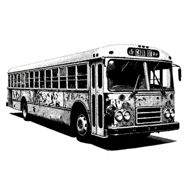An old bus is parked at an urban location, showcasing its exterior which is covered in "vibrant murals and graffiti art." The bus has large, worn-out windows and rusted metal parts. The designs on its surface are intricate, featuring various patterns, abstract shapes, and stylized characters. The tires are flat and the paint is chipped, suggesting it has not been in use for a while. The overall scene conveys a sense of urban decay, with the bus serving as a canvas for street artists.