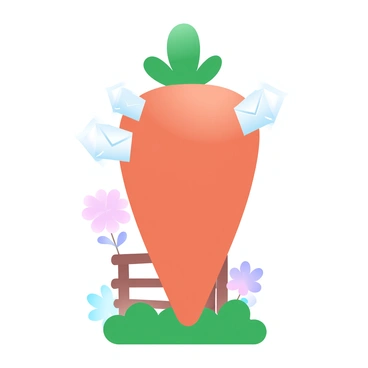 A large mailbox shaped like a carrot stands upright on a front lawn. The mailbox has a vibrant orange color with a green leafy top. Several letters are poking out of the mailbox, their edges visible against the carrot's surface. The mailbox is surrounded by a neatly trimmed hedge and colorful flowers blooming nearby. A wooden fence frames the scene, creating a charming suburban atmosphere.