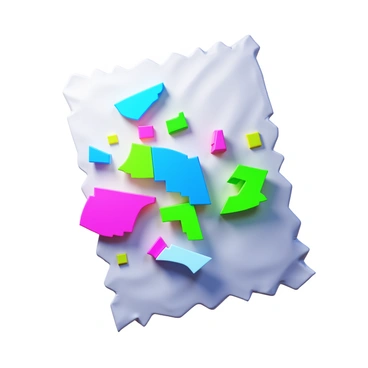 A chaotic digital scene featuring pixelated fragments of an illustration. The fragments are partially printed on a sheet of paper, showcasing various colors and shapes. The paper is crumpled and has jagged edges, adding to the chaotic appearance. Bright colors like neon green, electric blue, and hot pink are visible within the pixelated sections. Some areas of the illustration are distorted, creating an abstract effect. Light reflects off the paper, enhancing the digital aspect of the scene.