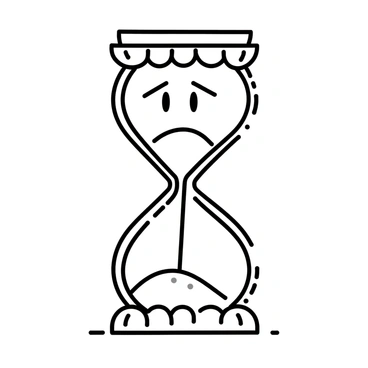 An hourglass is positioned upright on a wooden table, with a sad face drawn on its glass surface. The upper chamber is filled with fine sand, which is slowly falling into the lower chamber. The hourglass is detailed with ornate designs along its frame, enhancing its classic appearance. The expression of the sad face is visible, with downturned eyes and a frown. The scene reflects a sense of time passing quietly and unnoticed, with a few grains of sand already collected in the lower chamber.