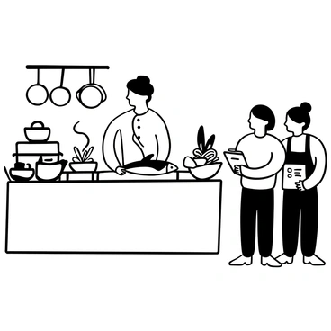 A chef in a white coat standing at a wooden countertop, demonstrating the preparation of a dead fish. The fish is displayed on a cutting board, with a sharp knife beside it. There are various cooking utensils, such as a spatula and measuring cups, arranged neatly on the countertop. In the background, there are pots and pans hanging above the stove. A recipe card is visible, placed next to a bowl of herbs, indicating the ingredients that will be used. Two students with aprons are observing intently, taking notes on clipboards.