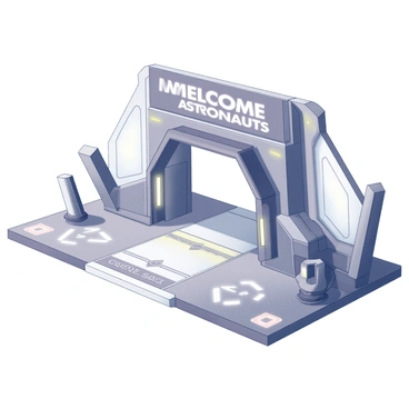 A large entrance to a futuristic space station dominates the scene. The structure has sleek, metallic surfaces with angular designs and illuminated edges. The entrance is flanked by large, curved glass panels that showcase the interior of the station. Above the entrance, a prominent digital screen displays the message "Welcome Astronauts" in bold, clear text. The surrounding area includes various technological elements, such as robotic arms and control panels, contributing to a high-tech atmosphere. The platform leading to the entrance has markings and lights indicating a safe path for incoming visitors.