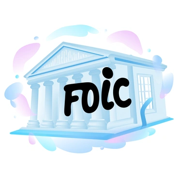 A large, brightly colored safety net is suspended in the air, directly under a robust bank building. The safety net is woven with intricate patterns, creating a visual texture that stands out. The acronym "FDIC" is prominently displayed in bold letters at the center of the safety net. The bank building is designed with classic architectural features, including columns and large windows, conveying a sense of stability and security. Above the scene, a gradient of pastel colors softly blends together, enhancing the overall visual appeal.