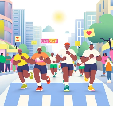 A group of runners is competing in a marathon on a busy city street. The diverse runners display various athletic gear, including bright running shoes, breathable shirts, and headbands. Some runners have determined expressions, showcasing their effort as they push through fatigue. Skyscrapers and colorful storefronts line the route, while spectators line the sidewalks, cheering and holding signs for encouragement. There are colorful banners above the road, and the sun is casting dynamic shadows as the runners sprint past. A few runners are seen crossing a timing mat, with digital numbers lighting up to mark their progress.