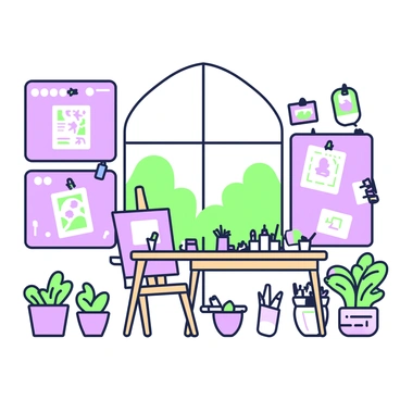 A creative studio space featuring illustration boards used as shelves. The walls are adorned with multiple illustration boards, each displaying various sketches and artworks pinned up with colorful clips. Below the boards, there are several small potted plants arranged neatly, adding a touch of greenery to the space. A wooden desk is positioned in the center, covered with art supplies such as brushes, paints, and sketchbooks. Nearby, an easel holds a large canvas that is partially painted. Natural light streams through a large window, illuminating the creative atmosphere.