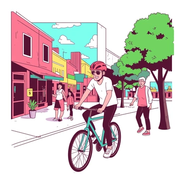 A cyclist wearing a red helmet is riding a teal bicycle down a bustling city street. Brightly colored murals adorn the sides of the buildings, showcasing various abstract designs and cityscapes. Friendly pedestrians are strolling along the sidewalk, some stopping to admire the artwork. Trees with lush green leaves are planted alongside the street, providing a burst of nature amongst the urban backdrop. The sun is shining brightly, casting warm light on the scene, enhancing the vibrancy of the colors in the murals and the clothing of the pedestrians.