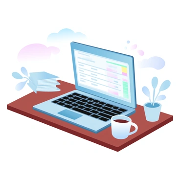 A laptop sits on a wooden desk, its screen displaying an online bank statement. The statement has several rows of transactions, with some highlighted in bright colors to draw attention. A small potted plant is beside the laptop, adding a touch of greenery to the workspace. In the background, there is a neatly stacked pile of documents and a coffee mug resting next to the laptop. The overall scene conveys a sense of organization and focus.