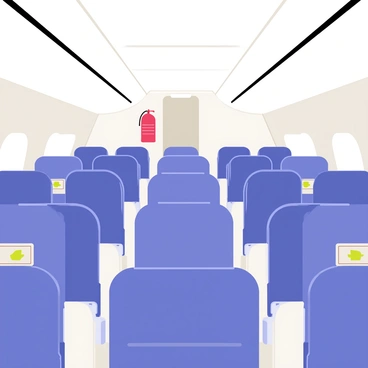 An airplane cabin featuring rows of blue upholstered seats with seatbelts fastened. Overhead compartments are closed, while the aisle is clear. A red fire extinguisher is mounted on the wall near the front of the cabin, clearly visible. The cabin lights cast a soft glow, highlighting the safety cards in the seat pockets.