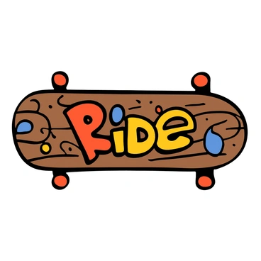 A skateboard deck with a smooth wooden surface. The deck features a colorful graffiti-style design with bold letters spelling "Ride" in vibrant hues of red, blue, and yellow. The font has drips and splatters, giving it a dynamic and energetic feel. The background of the deck is adorned with abstract shapes and patterns in various bright colors that complement the main text, enhancing the overall visual impact.