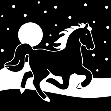 A silhouette of a horse galloping, with its mane flowing in the wind. The horse is positioned in the foreground, emphasizing its dynamic motion. In the background, a starry night sky is filled with numerous stars, creating a sense of depth and vastness. A large full moon hangs in the sky, casting a soft light over the scene and illuminating the edges of the horse's shape. The overall composition captures the energy and grace of the running horse against the serene backdrop of the night.
