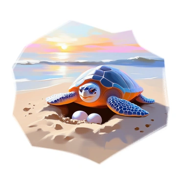 A sea turtle, with its textured, mottled shell and flippers, is positioned on a sandy beach, digging a nest into the soft sand. The turtle's focused expression is visible as it lays its eggs, which are small, round, and pale. The beach is gently illuminated by the soft twilight sky, showcasing hues of deep blue and hints of orange on the horizon. Small grains of sand scatter around the turtle, and delicate footprints can be seen trailing behind it. In the distance, gentle waves can be heard lapping at the shore, contributing to the tranquil atmosphere of the scene.