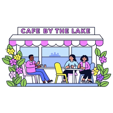 A quaint lakeside café with a sign that reads "Café by the Lake" in bold letters. The café features outdoor seating with small round tables and vibrant colored chairs. Surrounding the café are blooming flowers in various shades of pink, yellow, and purple, with green leaves providing a fresh backdrop. Visitors sit at the tables, holding coffee cups and engaging in conversation. A gentle breeze rustles the flowers and the surface of the lake can be seen reflecting the blue sky.