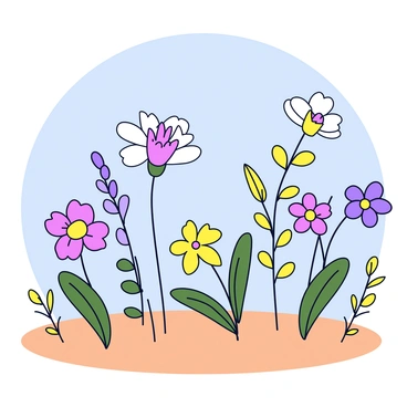 A fynbos scene featuring various flowers in soft colors. The scene includes delicate, slender stems and vibrant blossoms in hues of pink, yellow, purple, and white. Greenery surrounds the flowers, with leaves varying in shape and size. The ground is covered in a light brown texture, depicting the natural terrain. A subtle blue sky is visible above, enhancing the overall gentle color palette.