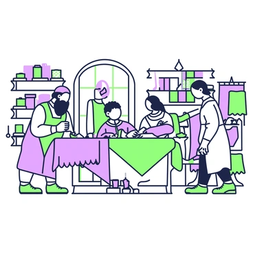 A medieval tailor's shop is filled with activity and various fabrics. On the left side, a tailor with a long beard is focused on cutting colorful cloth on a large wooden table. Next to him, a young apprentice is sewing a garment, using a needle and thread. Shelves line the walls, overflowing with bolts of fabric in different patterns and textures. In the center of the room, customers are browsing and discussing their orders with the tailors. A window lets in light, illuminating the vibrant colors of the textiles, while spools of thread in green and purple are scattered across the table.