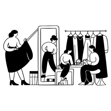 A backstage scene at fashion week featuring multiple models in different skirt outfits. One model is adjusting her skirt with the help of a stylist, who is holding a measuring tape. Another model is standing in front of a large mirror, smoothing the fabric of her flowing skirt. There are racks of various skirts in the background, showcasing different styles and textures. Makeup artists are applying makeup on another model seated nearby, surrounded by beauty products scattered on a table. The atmosphere is bustling with activity, with fashion designers discussing final adjustments and assistants organizing garments.