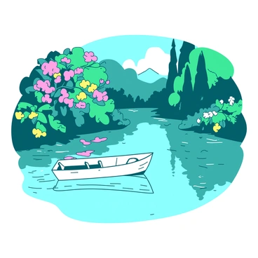 A small white boat is drifting down a river that reflects the surrounding scenery. The water is calm and clear, bordered by lush greenery with vibrant teal leaves. Colorful blossoms in shades of pink and yellow are blooming along the riverbank, adding splashes of color to the landscape. In the background, there are tall trees with thick trunks, creating a serene atmosphere. The sunlight filters through the foliage, casting gentle shadows on the boat and the water.