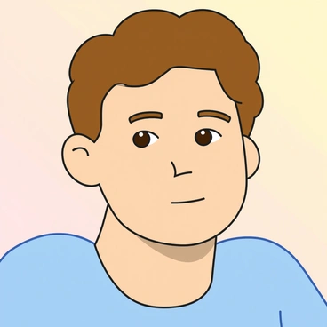A close-up portrait of a person with light skin and wavy brown hair, looking slightly to the side. The person has a thoughtful expression, with their brow slightly furrowed and lips pursed. Their eyes are wide open, showcasing deep brown irises that convey contemplation. They are wearing a simple blue shirt, and there is soft light illuminating their face, highlighting the features and creating gentle shadows. The background is a smooth gradient of soft colors, focusing attention on the person's expression.