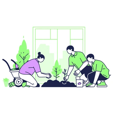 An office garden setup is depicted with several employees actively engaged in planting small trees. In the center, a rectangular patch of soil is prepared for planting, surrounded by various gardening tools like trowels and watering cans. Two employees, one wearing a blue shirt and the other in a green polo, are crouching down, carefully placing small saplings into the ground. Nearby, a wheelbarrow is filled with additional soil and plants. In the background, large windows of the office building allow sunlight to flood the area, while potted plants line the edges, creating a vibrant green atmosphere.