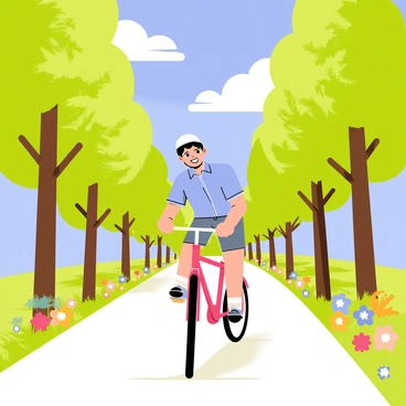 Ichinose is riding a bright red bicycle along a tree-lined path. The path is flanked by tall green trees with lush foliage, casting dappled sunlight on the ground. Ichinose has a cheerful expression, wearing a light blue shirt and a white helmet. The sky above is clear blue with a few fluffy white clouds, emphasizing the brightness of the sunny day. In the background, vibrant flowers in various colors are blooming along the sides of the path.