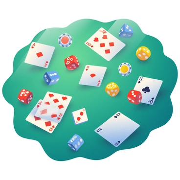 A collection of multicolored dice, including red, blue, and yellow, is scattered across a rich green poker table. Several playing cards, featuring different suits such as hearts, spades, diamonds, and clubs, are laid randomly on the table surface. The cards are partially overlapping each other, showing various ranks and designs. Some dice are showing numbers while others are turned in different orientations. The tablecloth has a soft texture, enhancing the scene's overall appearance.