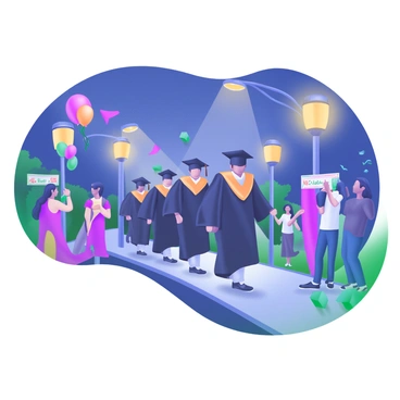 A nighttime graduation parade with students illuminated by streetlights, caps aglow