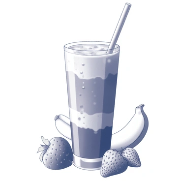 A tall glass filled with a fruit smoothie. The smoothie has a thick texture, and you can see layers of different fruits blending together. The top of the glass is filled with a frothy surface, with small bubbles rising. The glass is placed on a wooden table, and a few scattered pieces of whole fruits like bananas and strawberries are nearby, hinting at the smoothie’s ingredients. A straw is inserted into the glass, and condensation can be seen on the exterior, suggesting the drink is cold.