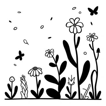 A black-and-white illustration depicting various stages of milkweed growth and development. The image includes small, sprouting milkweed plants emerging from the soil, with delicate leaves unfurling. Next to them, larger plants showcase clusters of green pods, some opening to reveal soft, white fibers. In the background, fully mature milkweed plants stand tall, their flowers in full bloom, surrounded by butterflies fluttering gracefully. Scattered throughout the scene are detailed depictions of milkweed seeds drifting in the air.