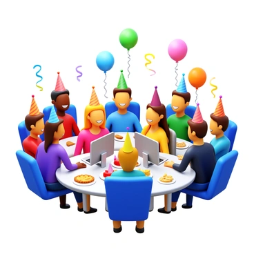 A group of friends gathered around their computers celebrating a birthday over a video call. Each person is wearing "colorful party hats" and smiling. The table in front of them is filled with "various snacks", including "birthday cake, chips, and cookies". In the background, there are "balloons and streamers" adding to the festive atmosphere. Each screen shows a different friend, all sharing in the joyful moment.
