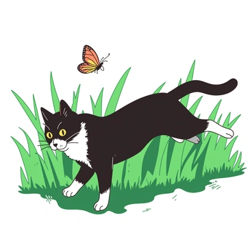 A black and white tuxedo cat with distinct markings is energetically running through tall green grass. The grass sways gently as the cat leaps forward, its eyes fixed on a delicate butterfly fluttering just ahead. The butterfly has vibrant orange and yellow wings, contrasting with the lush green background. The cat's fur ruffles in the breeze as it dashes, tail held high in excitement, fully engaged in the pursuit. Sunlight filters through the grass, casting soft shadows around the playful scene.