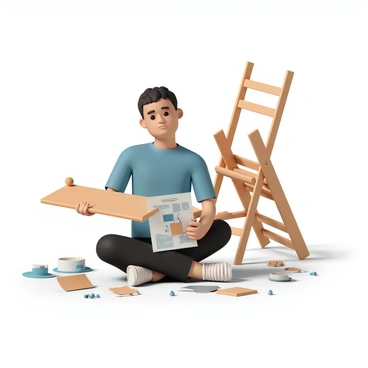 A person, wearing a blue t-shirt and black jeans, is sitting on the floor surrounded by various pieces of wooden furniture parts and tools. They have a puzzled expression while holding a manual that contains confusing diagrams and text. The person is holding a wooden plank upside down, and there are random screws scattered around them. In the background, an almost assembled piece of furniture leans awkwardly against the wall, indicating a humorous outcome from the incorrect instructions.