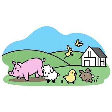 A green farm landscape with rolling hills under a clear blue sky. A cute pink pig with large round eyes is playfully rolling in the mud near a small wooden barn. A fluffy white sheep with a soft wool coat is jumping joyfully in the grass beside the pig. A yellow duckling with tiny wings is waddling nearby, while a brown bunny with long ears is hopping around, leaving small footprints in the dirt. A colorful butterfly flutters above them, adding a cheerful touch to the lively scene.