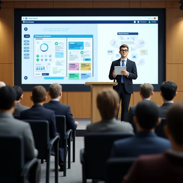 A banker with short brown hair and a business suit stands confidently at a podium in a large conference hall. He is holding a tablet displaying a digital banking interface. Behind him, a large screen shows graphics of modern banking services, including online transactions and customer engagement tools. The audience, seated in rows, comprises professionals in business attire, attentively listening and taking notes. The atmosphere is professional and engaging, with bright lighting highlighting the speaker and the screen.