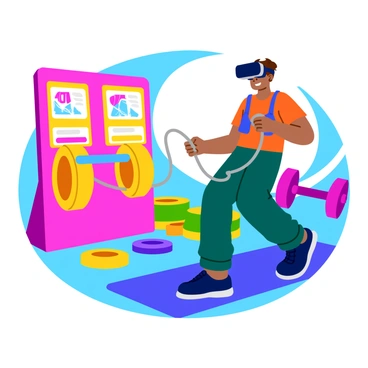 A person wearing sleek virtual reality goggles is engaged in a face pull workout session. They are positioned in a vibrant, cartoon-style virtual gym filled with colorful exercise equipment. The individual is pulling a cable connected to the virtual machine, showcasing their focused expression. Brightly lit panels display virtual weights and dynamic graphics illustrating their progress. The background features stylized dumbbells and exercise mats, enhancing the immersive experience of the virtual environment.