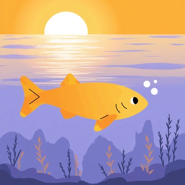 A catfish with smooth, mottled skin is swimming gracefully through the water. The water surrounding the catfish is illuminated by the warm, golden glow of a setting sun, creating shimmering reflections. Silhouettes of aquatic plants can be seen beneath the surface, gently swaying with the movement of the water. Small bubbles rise from the catfish as it moves, adding to the lively atmosphere of the scene. The sky above transitions from orange to deep purple, hinting at dusk approaching.