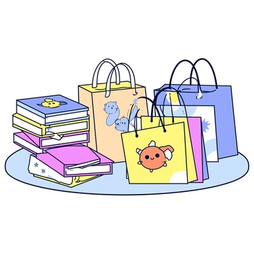 A collection of notebooks with various colorful covers featuring "mimimoo" illustrations. The notebooks are stacked together, showcasing different designs such as cute animals and whimsical patterns. Beside the notebooks, there are several tote bags made from canvas, each bag displaying a unique "mimimoo" illustration. The bags are arranged with the straps folded, emphasizing their playful graphics. The scene is set on a simple, light-colored surface to highlight the products.