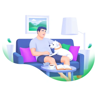 A man sitting comfortably on a modern couch, looking relaxed. He has short hair and is wearing a casual t-shirt and shorts. Next to him is a small dog, a white terrier with a playful expression, resting its head on the man's lap. The room is softly lit, and there are decorative pillows on the couch. A small coffee table in front of the couch holds a cup of coffee and an open book. On the wall behind them, there is a framed picture of a scenic landscape. The atmosphere is cozy and intimate, emphasizing a sense of calm and recovery.
