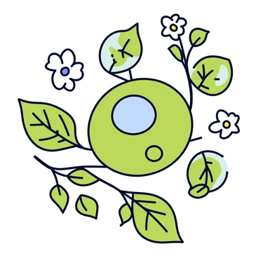A tattoo design featuring the structure of a plant cell, with clearly defined organelles such as the chloroplasts and cell wall. The cell structure is intricately detailed, illustrating its various parts. Surrounding the plant cell are realistic botanical elements, such as green leaves and delicate flowers, which add a natural context to the design. The overall composition blends the scientific representation of the plant cell with the organic forms of the botanical elements, creating a harmonious aesthetic.