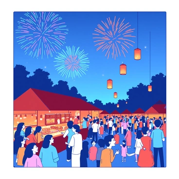 A blue night sky is illuminated by colorful fireworks bursting into various patterns. Below, a crowd of people gathers, some holding orange lanterns that are glowing warmly. The lanterns are floating gently into the air, creating a beautiful spectacle. Stalls showcasing festive decorations and snacks line the sides, while joyful families and friends participate in the celebration. The atmosphere is filled with excitement as the lights from the fireworks reflect off the smiling faces of the attendees.