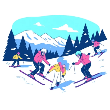 A group of skiers, wearing colorful jackets, is gliding down the snowy slopes of Mont-Tremblant. The skiers are in various poses, some carving turns while others are in mid-air performing jumps. In the background, there are evergreen trees dusted with white snow, and distant mountain peaks framed against a clear blue sky. The scene conveys the excitement and energy of winter sports, with snow flying off the skis and a few ski tracks visible on the slope.