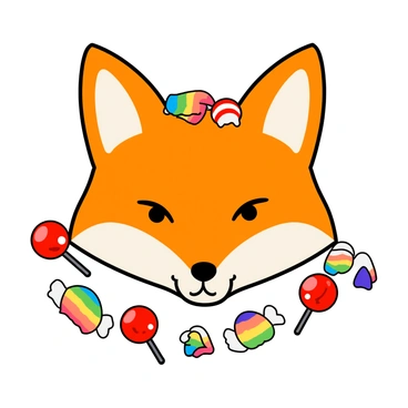 A cartoon-like playful fox face with bright orange fur and large, expressive eyes. The fox has a small, mischievous smile and prominent white markings on its cheeks and snout. Surrounding the fox face is an assortment of colorful candies and sweets, including shiny red lollipops, vibrant rainbow gummies, and striped peppermint candies. The sweets are scattered playfully around the fox, with a few pieces resting on its ears and forehead, creating a whimsical, festive atmosphere.