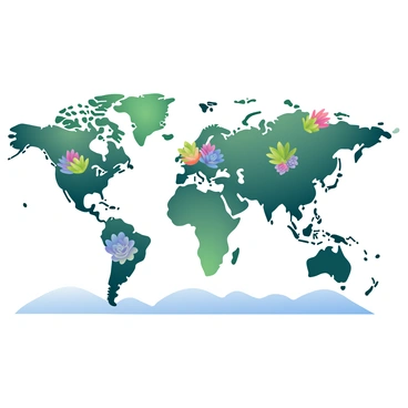 A large, detailed world map is filled with various succulent plants that represent each continent. The North America section is adorned with vibrant green rosette succulents, while South America is depicted with cascading trailing succulents in shades of purple and green. Europe is illustrated with compact, round succulents, showing shades of blue and green. Africa is represented by tall, spiky succulents with a rich, dark green color. Asia features a mix of small, colorful succulents arranged closely together, adding variety to the landscape. Australia is depicted with low-growing, fleshy succulents in soft pastel colors. The oceans surrounding the continents are represented with gentle waves of light blue and white, providing a contrast against the rich greens and colors of the succulents. Each continent is clearly defined, yet seamlessly blends into the overall design of the map.