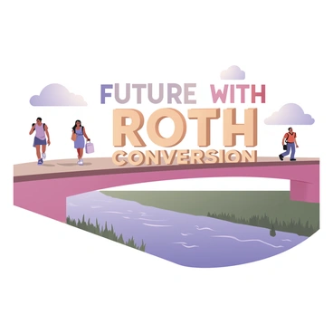 A digital flat illustration depicting a bridge spanning across a flowing river. On the bridge, several people are walking towards a large, bold sign that reads "Future with Roth Conversion" in bright letters. To the left, a woman with medium skin and long black hair is walking, wearing a light blue dress and white sandals. To the right, a man with light skin and short brown hair is dressed in a casual red shirt and denim jeans, carrying a backpack. The river below is depicted with gentle waves and green reeds along the banks. The sky above is clear with a few fluffy white clouds.