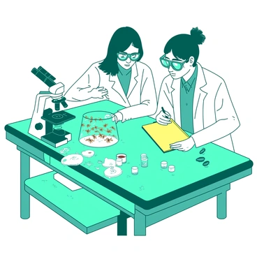 A teal laboratory table is filled with various scientific equipment, including a microscope and several glass vials. On the table, there is a transparent glass vial containing numerous "Drosophila" fruit flies, which are fluttering around inside. Two scientists, one wearing a white lab coat and safety goggles, are leaning over the vial, intently observing the flies. The second scientist is taking notes on a yellow clipboard. The bright lighting in the laboratory highlights the details of the flies and the equipment on the table.
