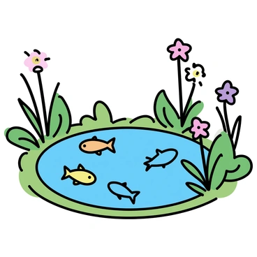 A small pond with clear water is surrounded by vibrant green leaves. Several fish, including orange and blue varieties, are swimming gracefully near the surface. The pond is dotted with various blooming flowers in shades of pink, purple, and white, adding colorful bursts to the scene. Lush greenery encompasses the pond, with tall reeds and soft grasses framing the edges. Sunlight filters through the leaves, creating gentle reflections on the water's surface.