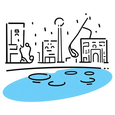 Footprints, showing the outline of shoes, are splashing through a shallow puddle on a cobblestone street. The surface of the puddle reflects the surrounding buildings and streetlights, creating a mirror-like effect. Raindrops are visible as they create ripples in the water. The scene captures a damp, rainy atmosphere in an urban setting.